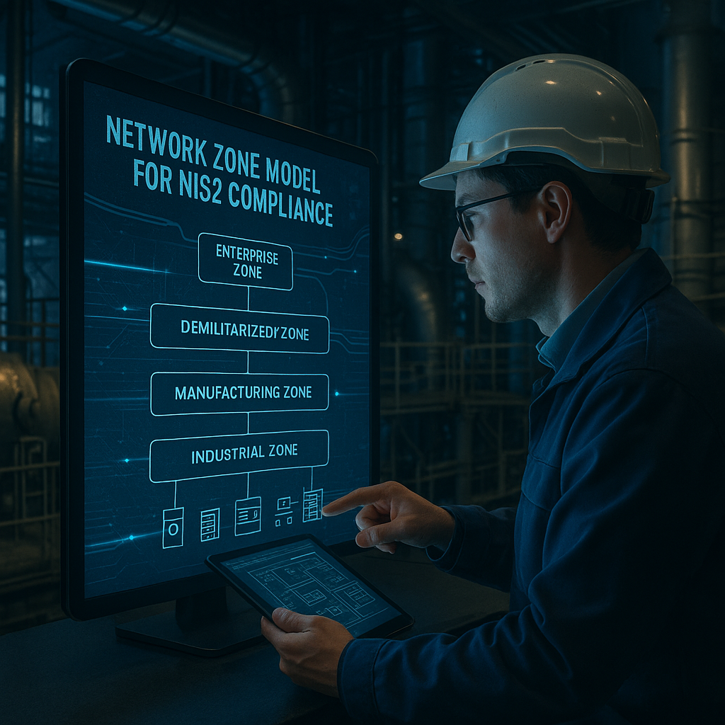 Industrial security architect reviewing network zone model for NIS2 compliance on digital twin interface